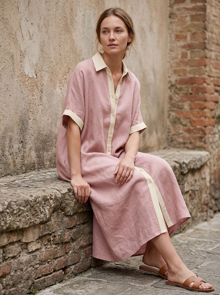 Robe chemise midi pour femmes en noir avec des boutons contrastants