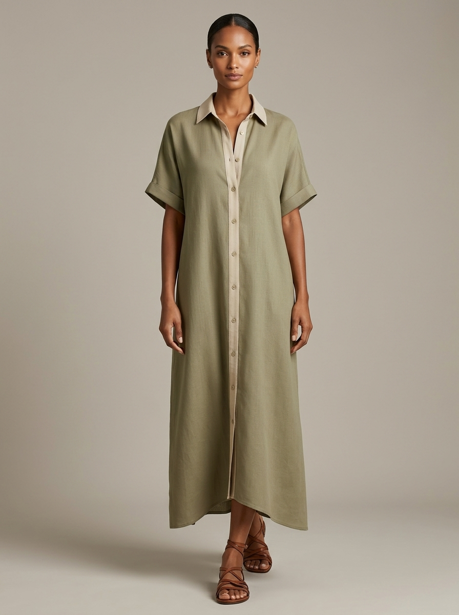 Robe chemise midi pour femmes en noir avec des boutons contrastants