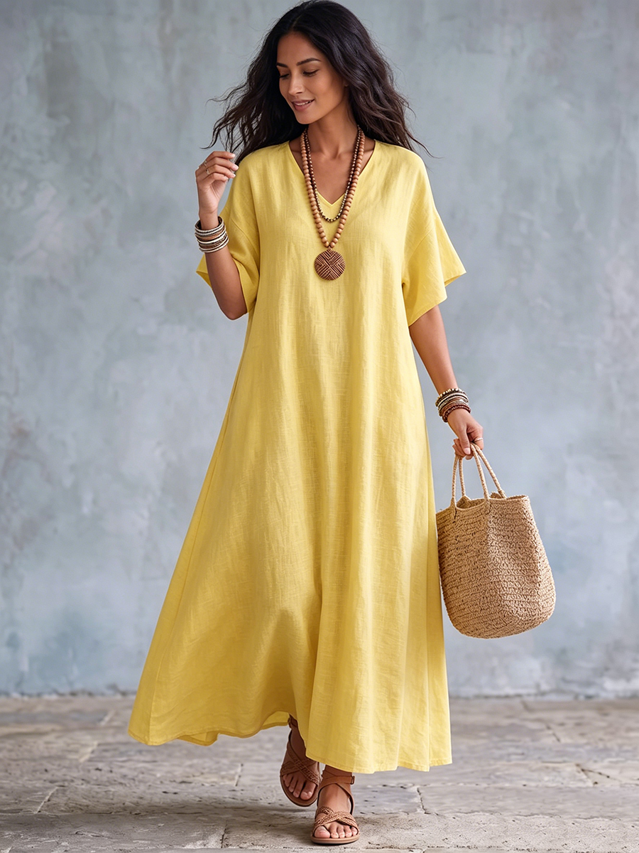 Robe longue femme coton lin à col V et coupe ample