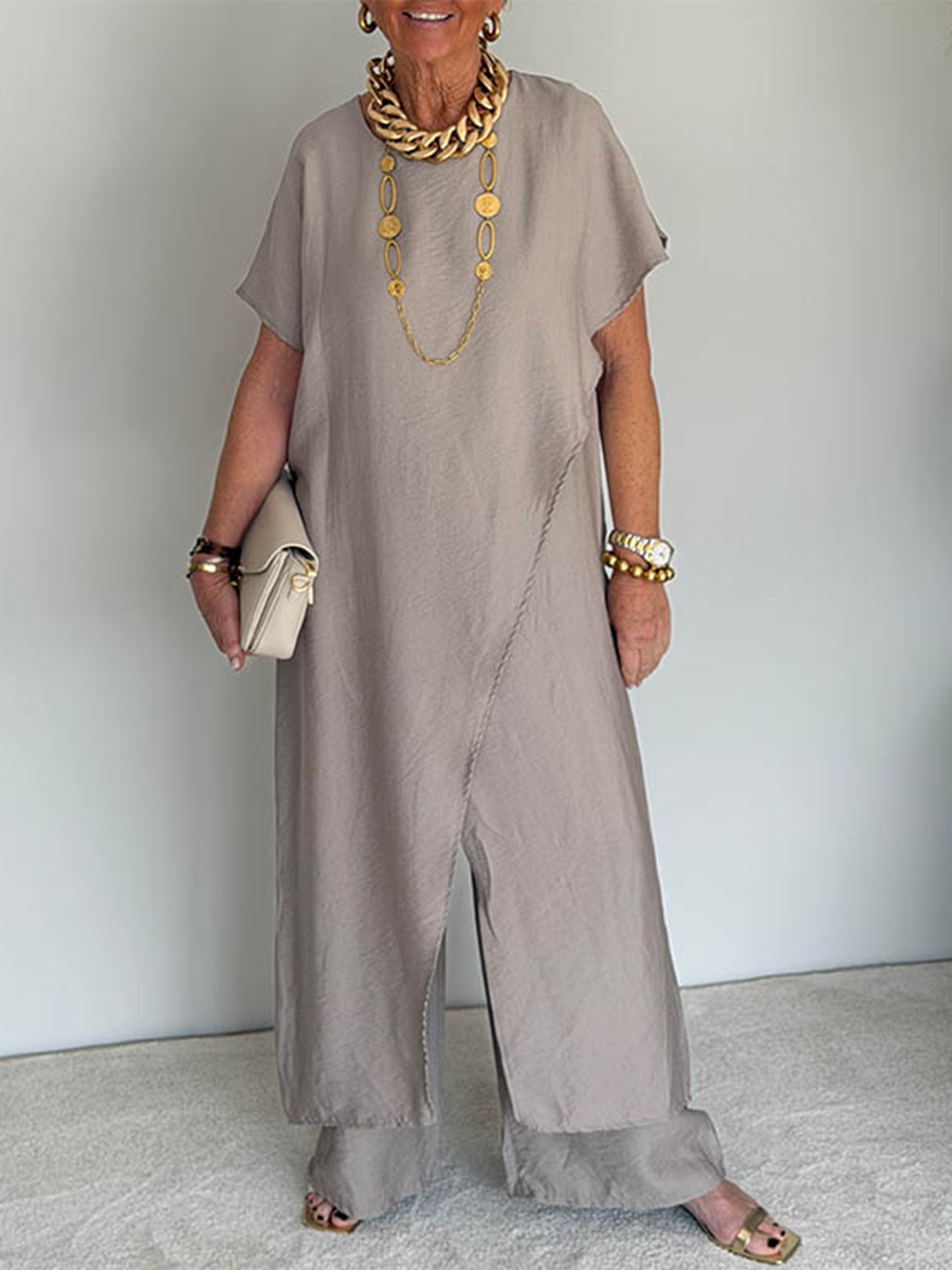 Ensemble Deux Pièces Femme Tunique Longue Fentes Pantalon Large Fluide