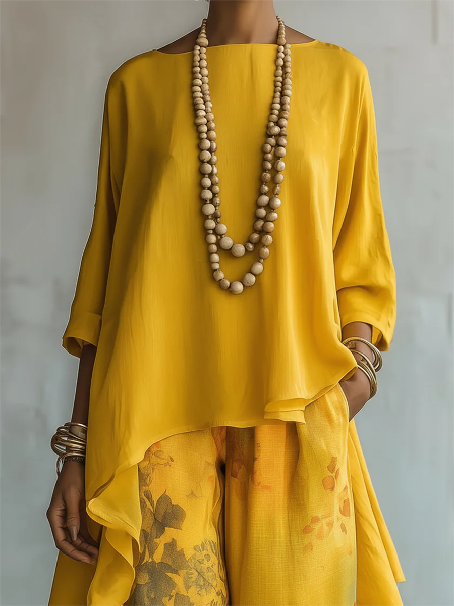 Ensemble femme fluide bohème avec haut asymétrique et pantalon floral