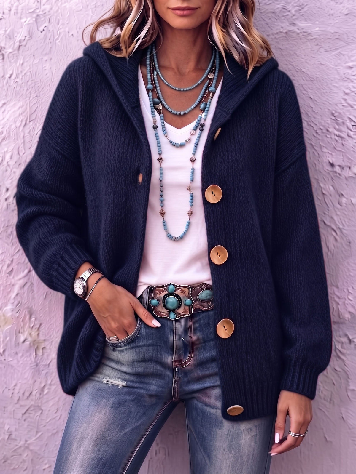 Cardigan femme en maille à capuche boutonné