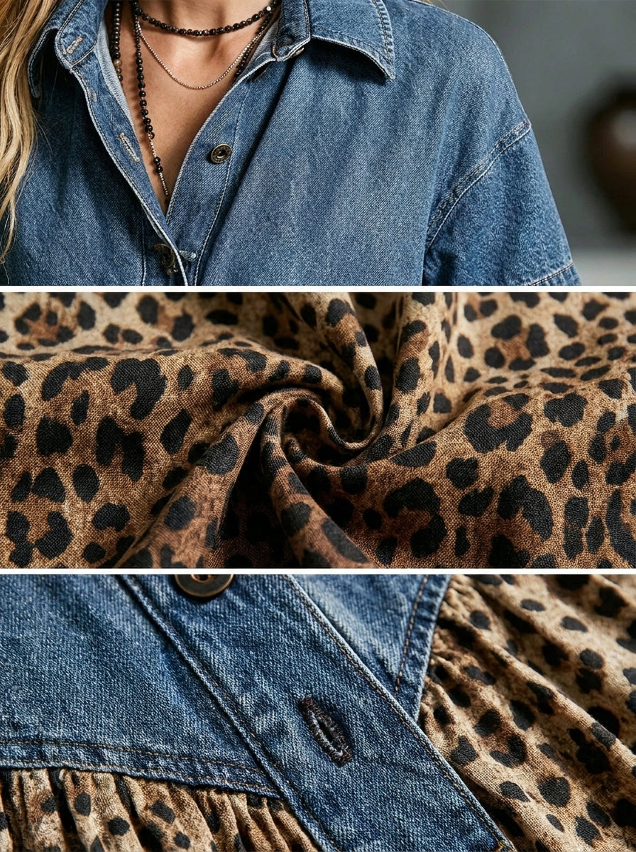 Robe longue femme patchwork denim et imprimé léopard