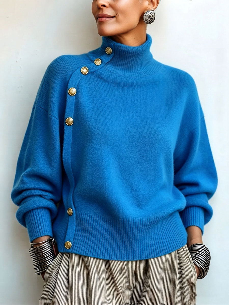 Pull femme à col roulé asymétrique boutonné élégant