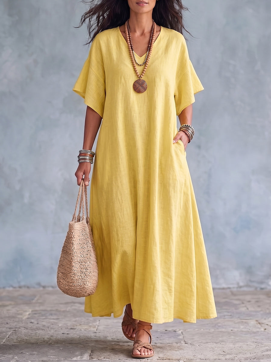 Robe longue femme coton lin à col V et coupe ample