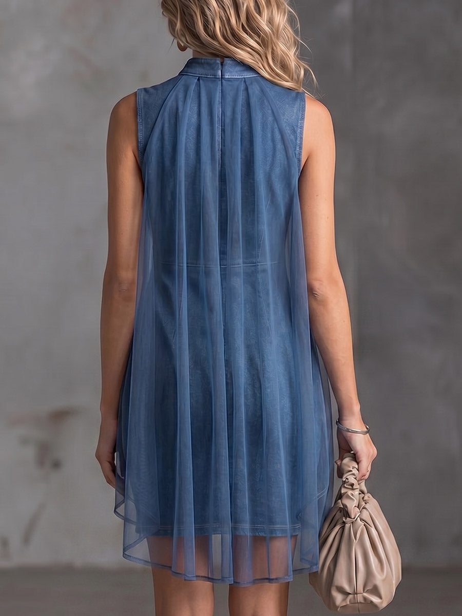 Robe courte femme effet denim avec voile fluide transparent