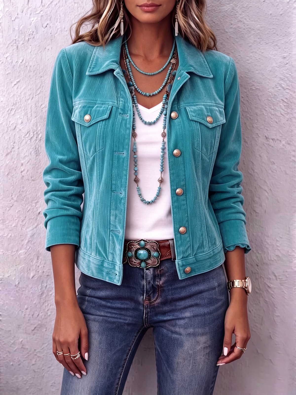 Veste femme en velours à boutons et col tailleur