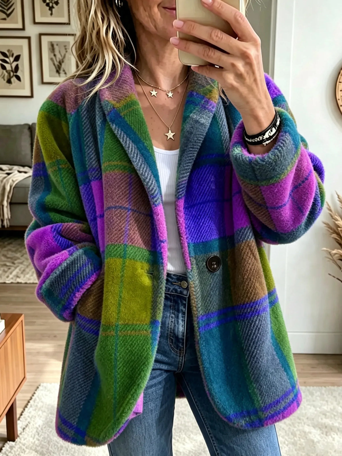 Manteau femme à carreaux colorés coupe ample