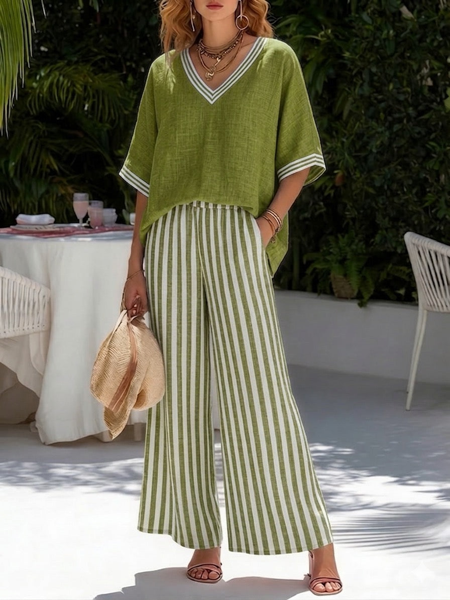 Ensemble Femme Rayé Lin Coton Coupe Ample Élégant Décontracté