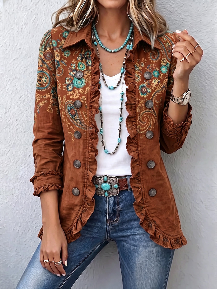 Veste femme bohème à imprimé paisley et volants