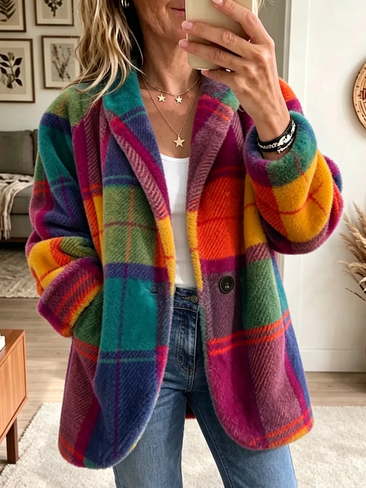 Manteau femme à carreaux colorés coupe ample