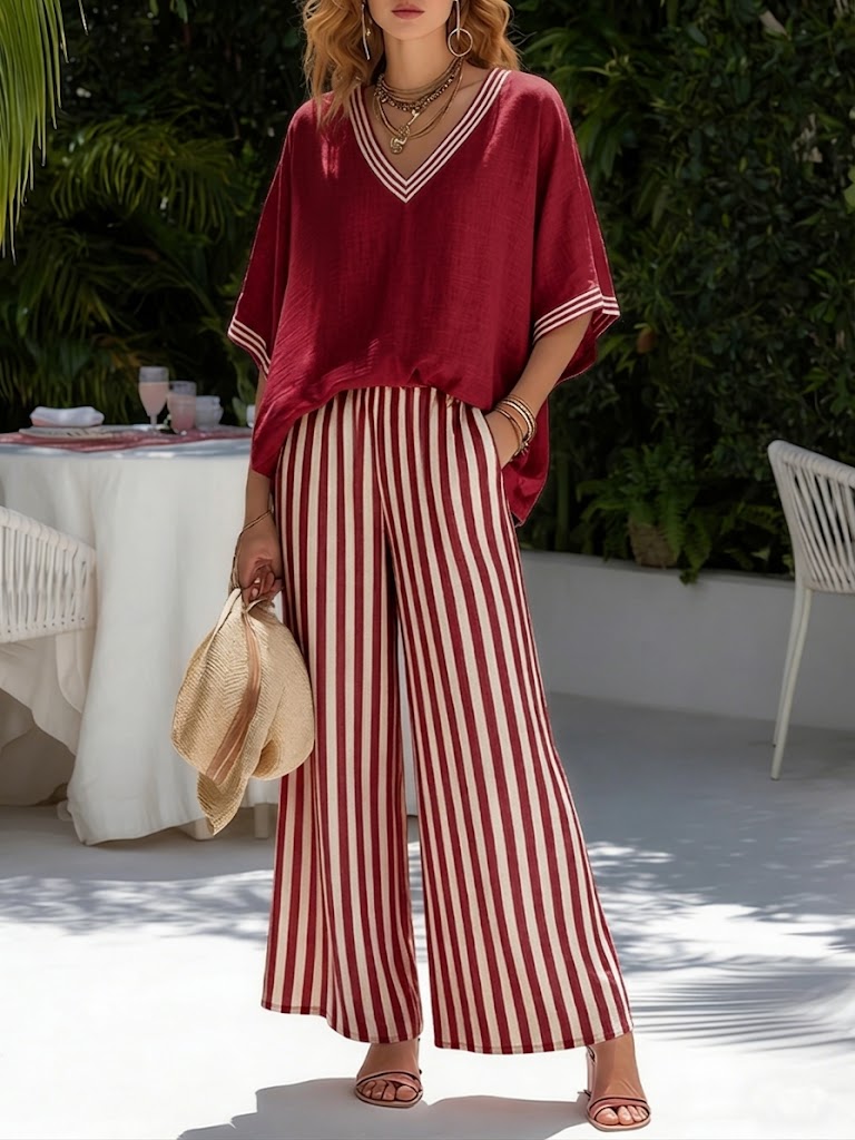 Ensemble Femme Rayé Lin Coton Coupe Ample Élégant Décontracté