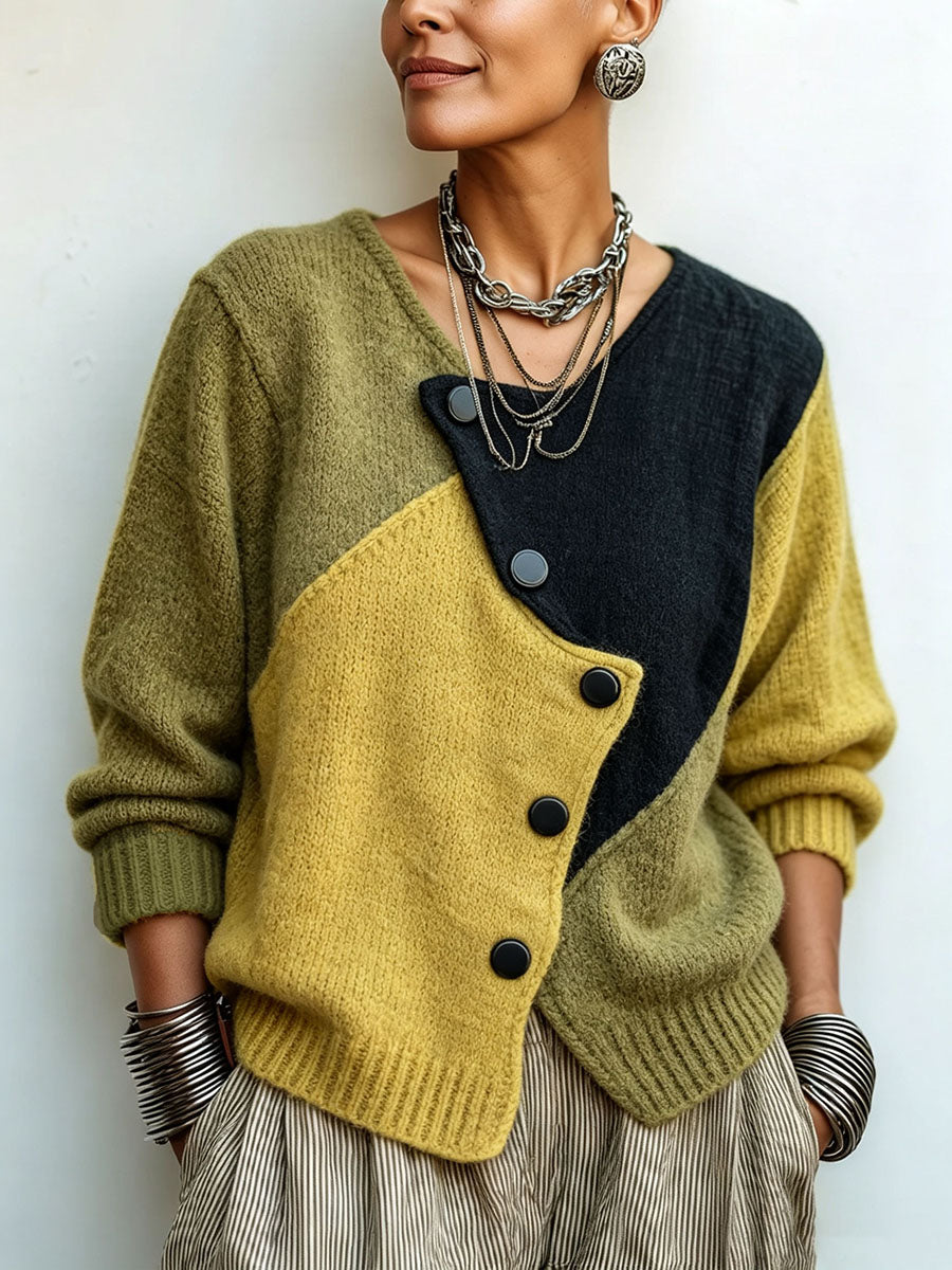 Pull femme color-block en maille à boutons asymétriques