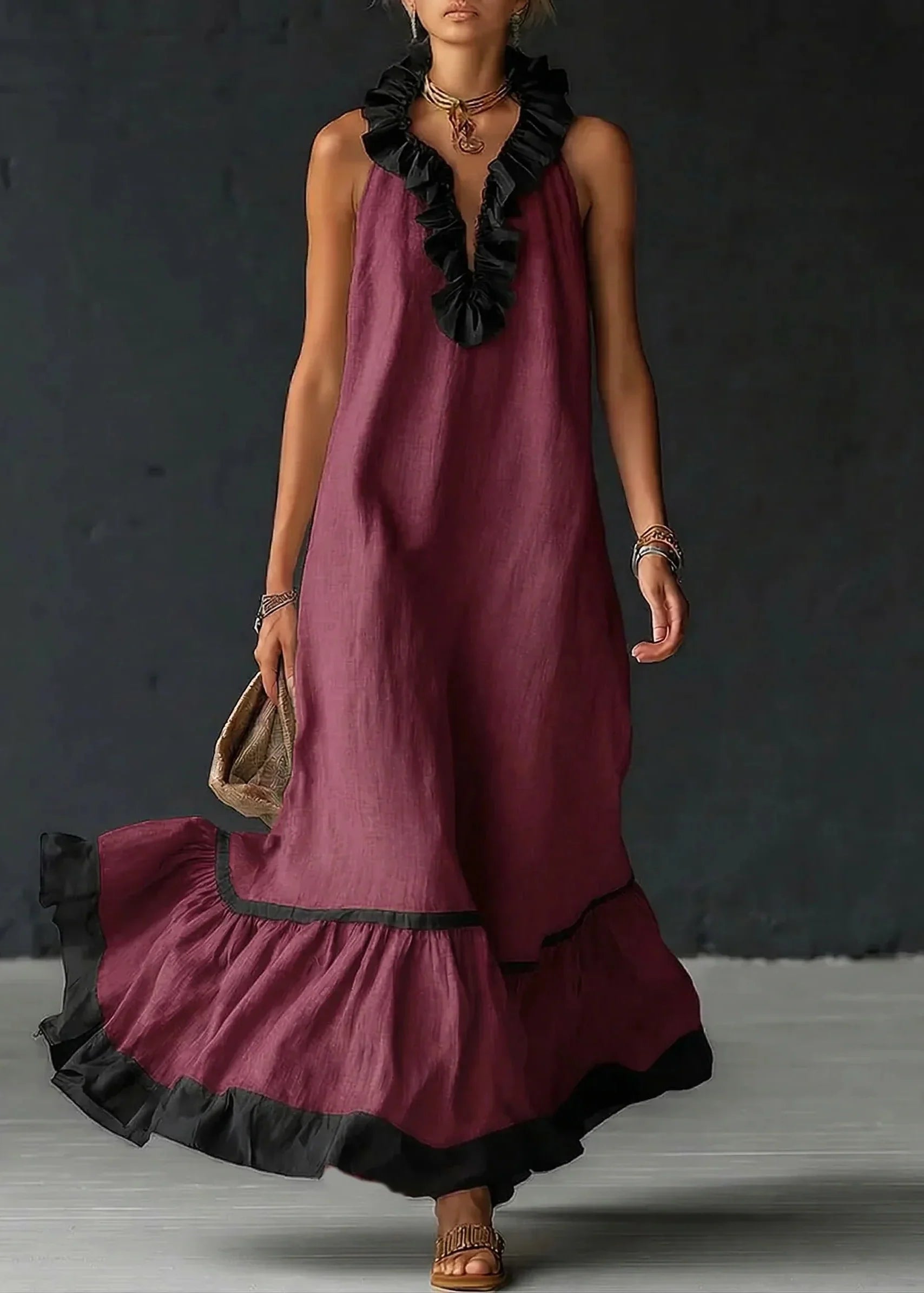 Robe longue femme fluide à volants contrastés