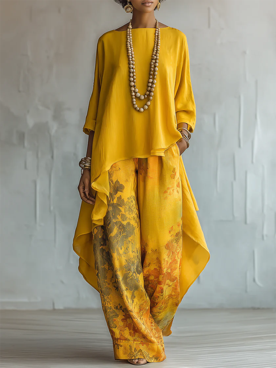 Ensemble femme fluide bohème avec haut asymétrique et pantalon floral