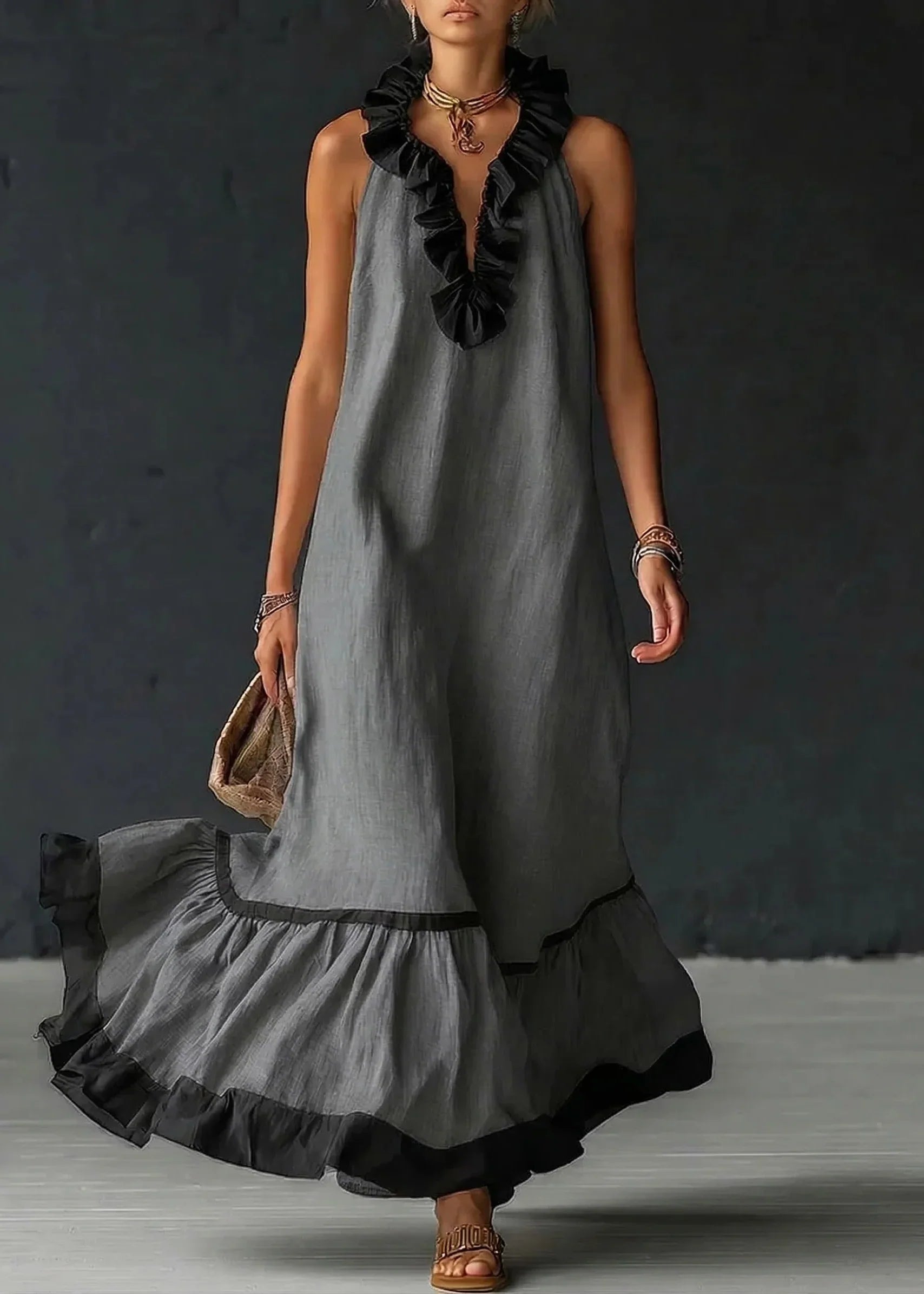 Robe longue femme fluide à volants contrastés