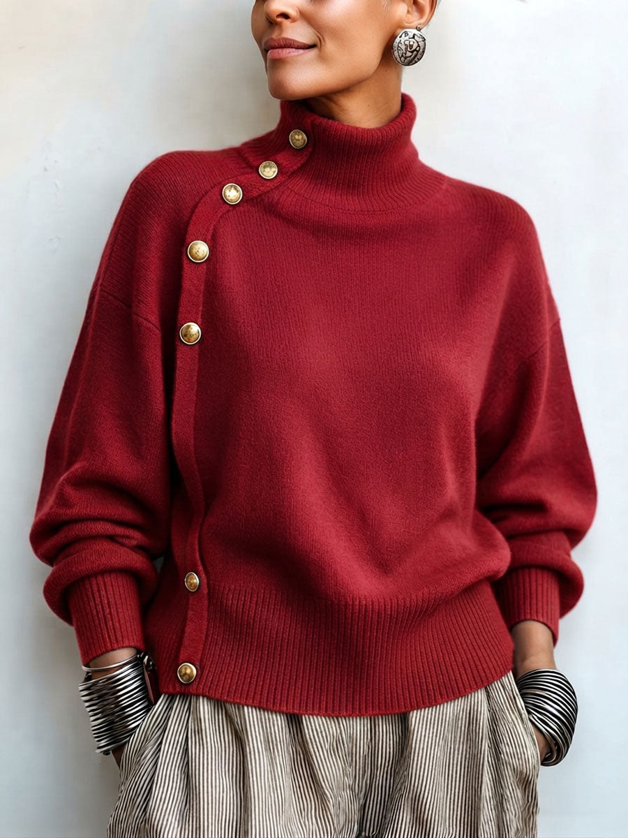 Pull femme à col roulé asymétrique boutonné élégant