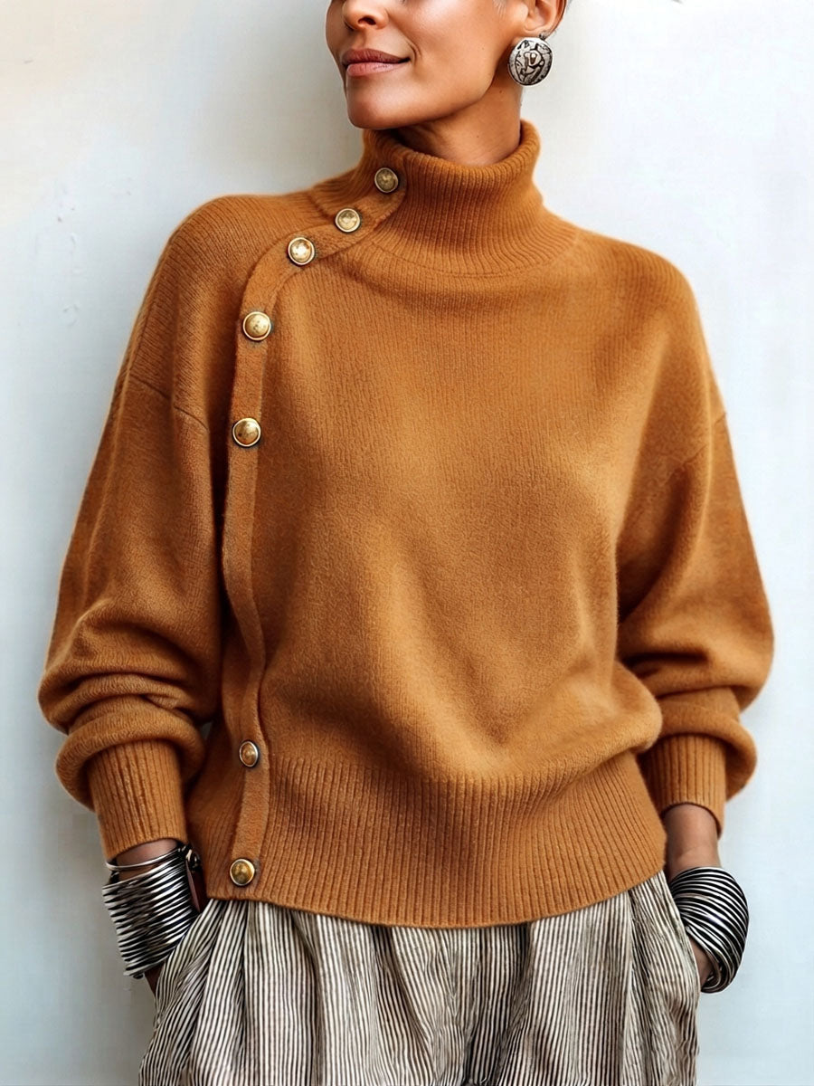 Pull femme à col roulé asymétrique boutonné élégant