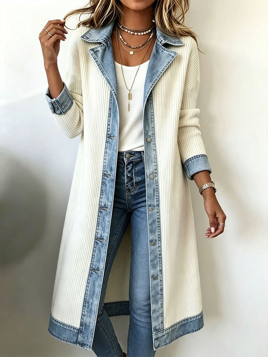 Cardigan long femme en maille côtelée avec finitions denim