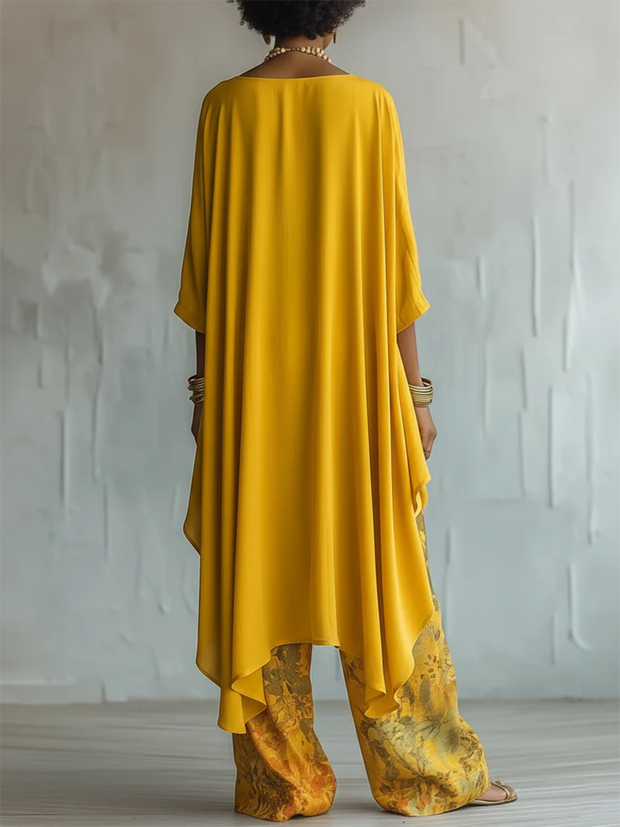 Ensemble femme fluide bohème avec haut asymétrique et pantalon floral