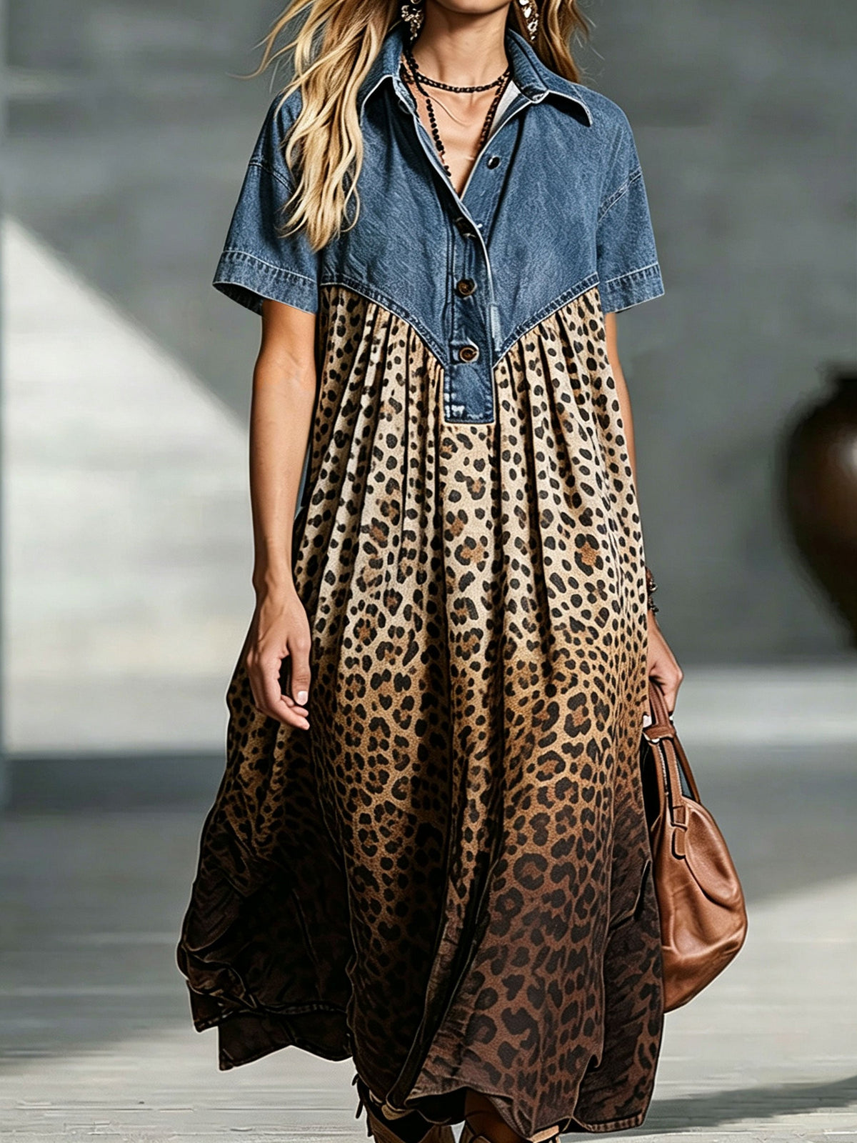 Robe longue femme patchwork denim et imprimé léopard