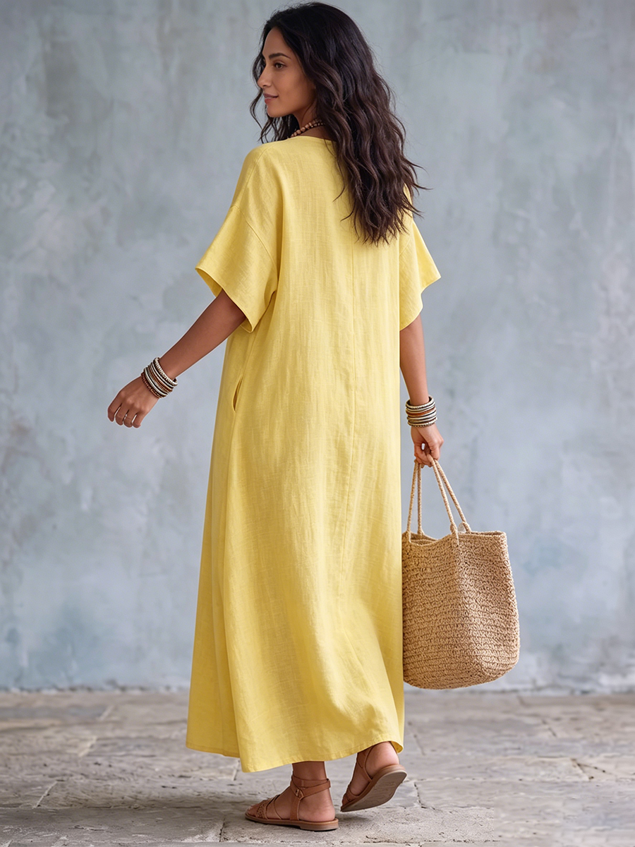 Robe longue femme coton lin à col V et coupe ample