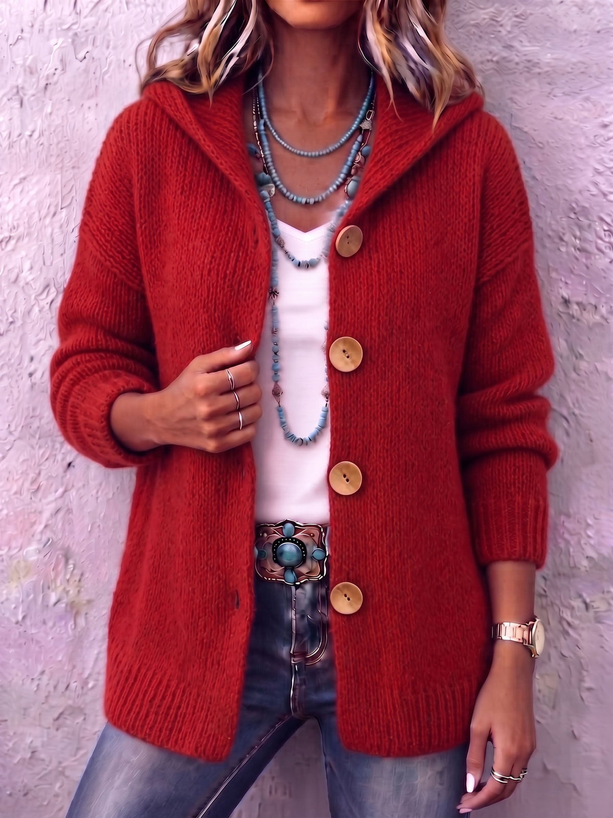 Cardigan femme en maille à capuche boutonné
