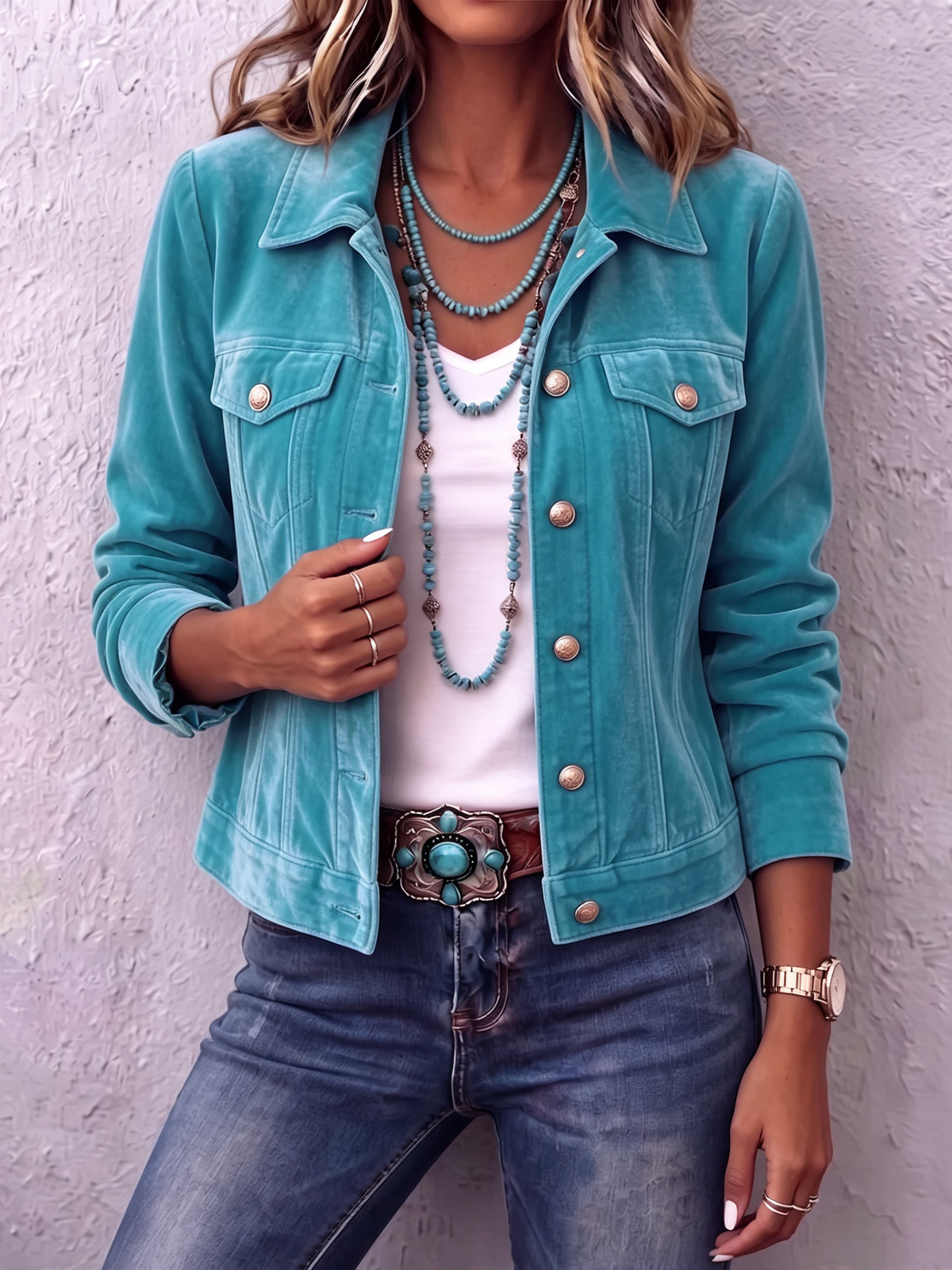 Veste femme en velours à boutons et col tailleur