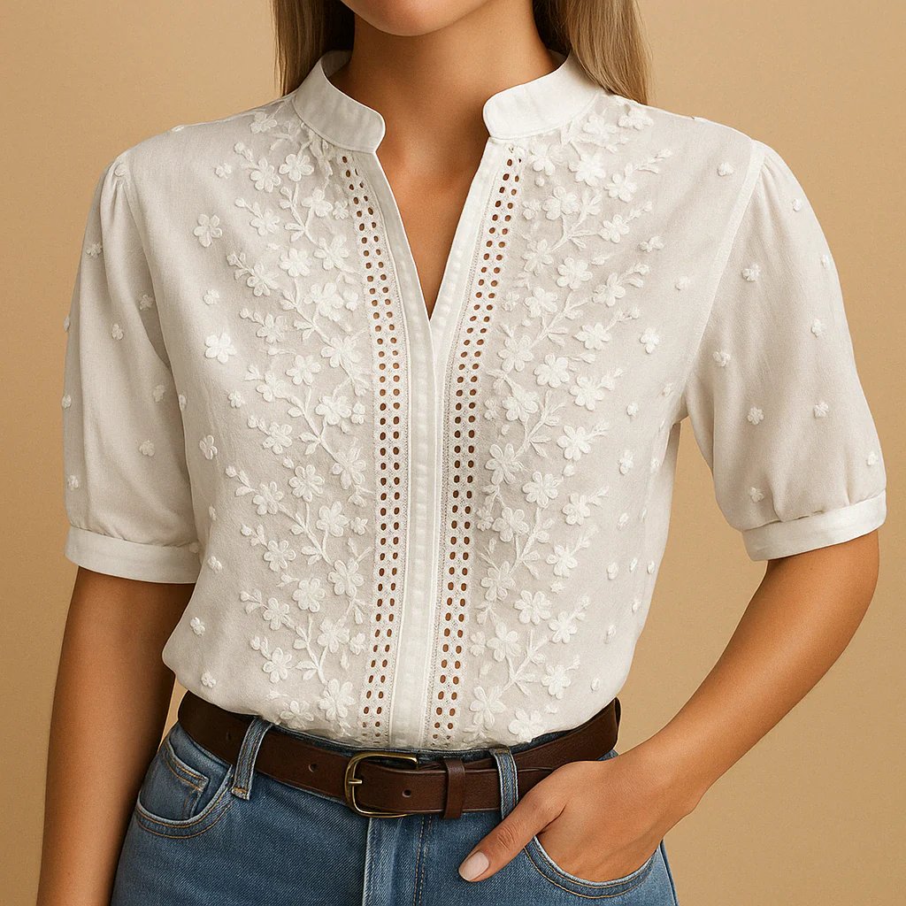 Blouse Blanche Femme Élégante avec Broderies Florales Raffinées