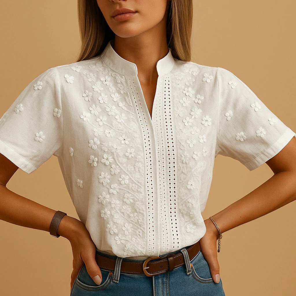 Blouse Blanche Femme Élégante avec Broderies Florales Raffinées