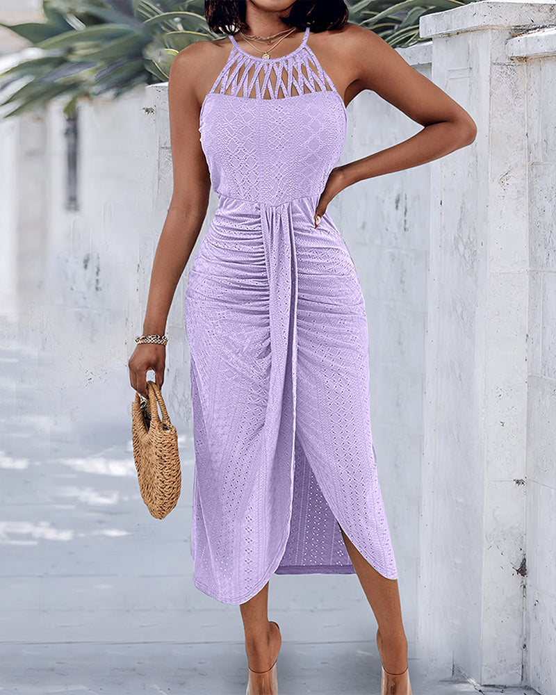 Robe Midi Femme Jacquard Ajouré Halter avec Fente Chic