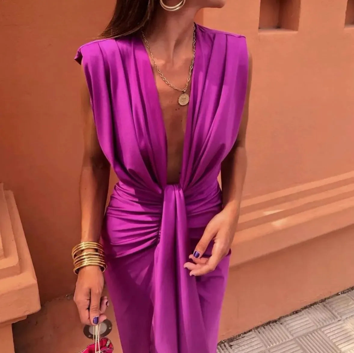 Robe longue femme élégante drapée col V sans manches fente soirée chic