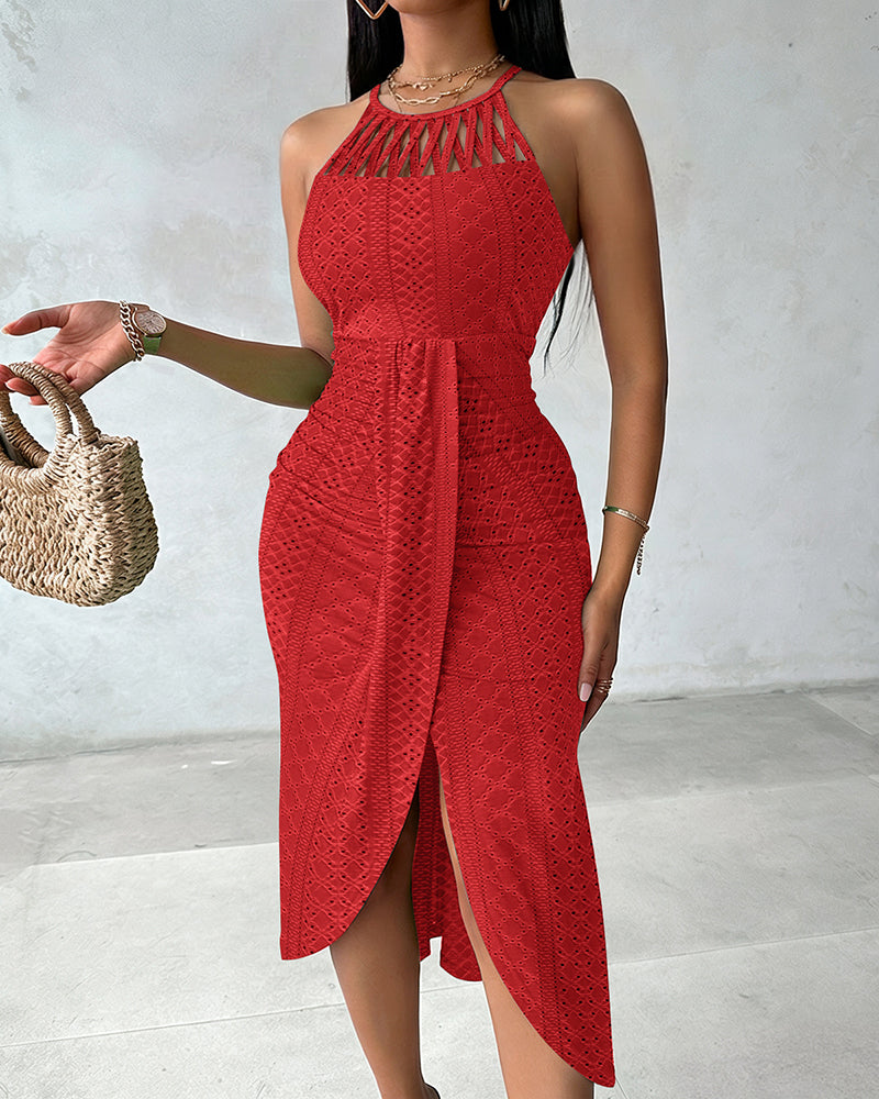 Robe Midi Femme Jacquard Ajouré Halter avec Fente Chic