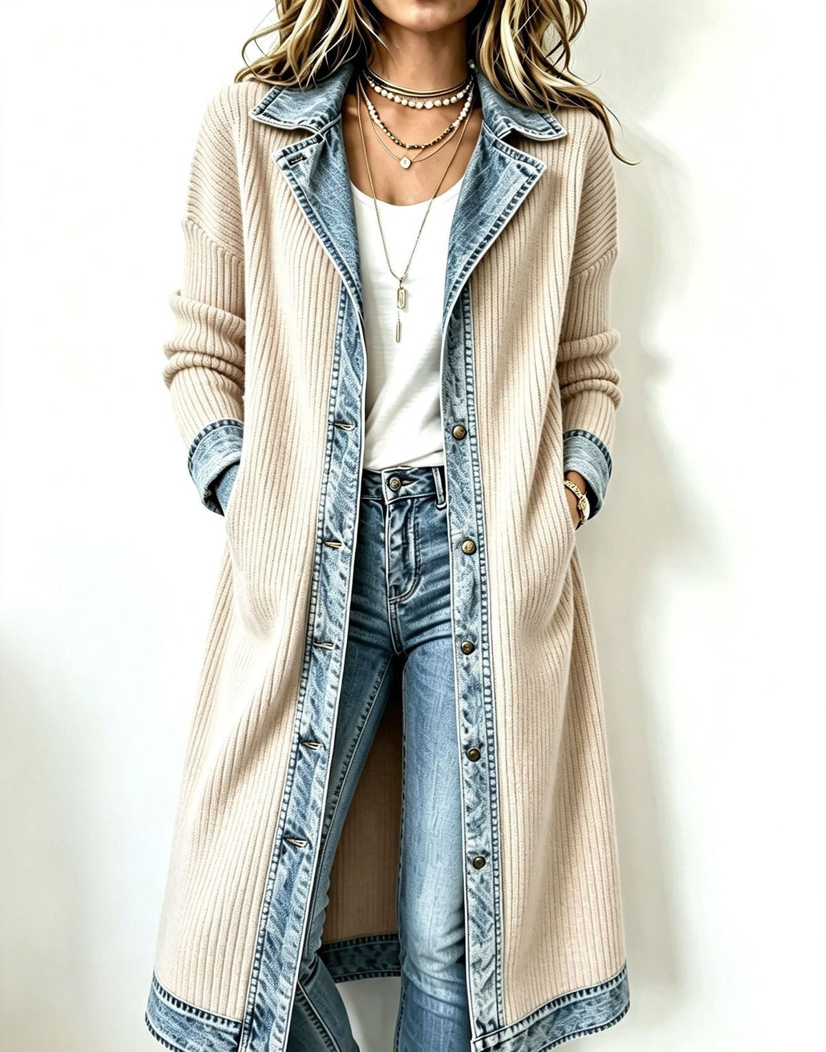 Cardigan long femme en maille côtelée avec finitions denim