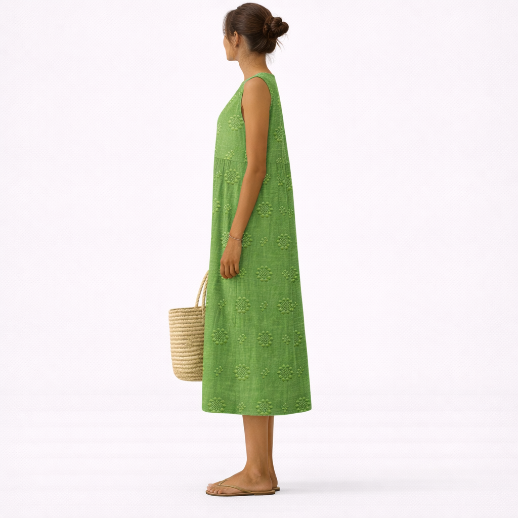 Robe midi femme verte brodée sans manches en coton viscose