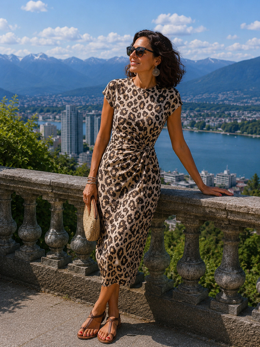 Robe longue femme imprimé léopard avec détail noué à la taille
