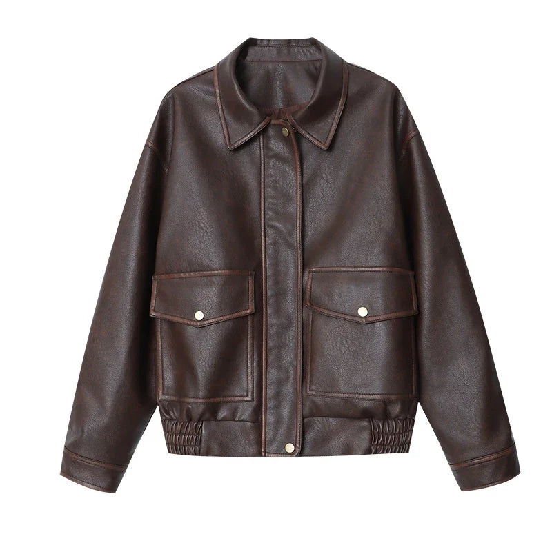 Veste effet cuir femme style vintage – coupe droite décontractée mi-saison