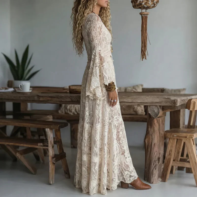 Robe longue femme en dentelle vintage à manches évasées