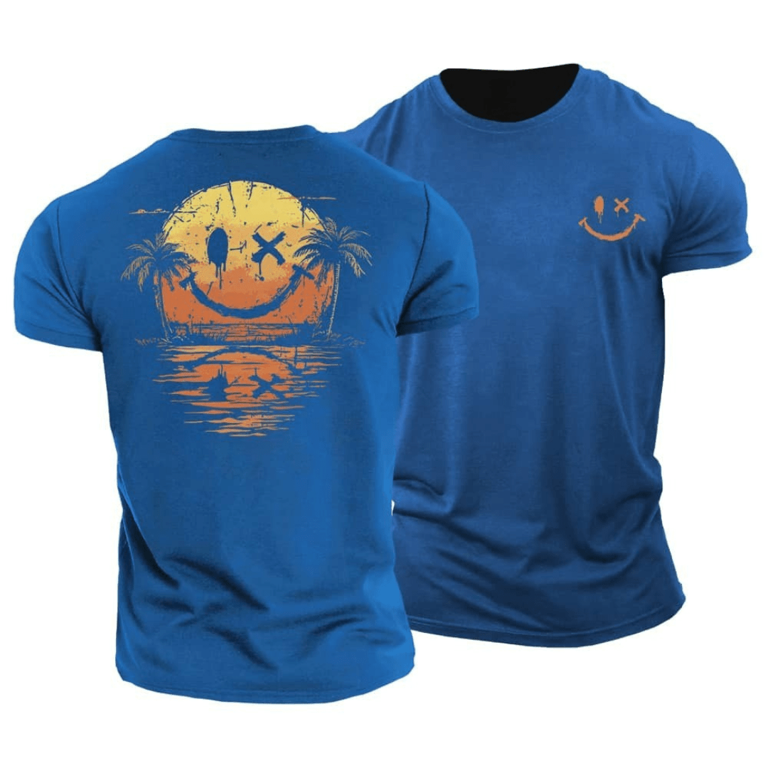 T-shirt homme imprimé smiley coucher de soleil et palmiers
