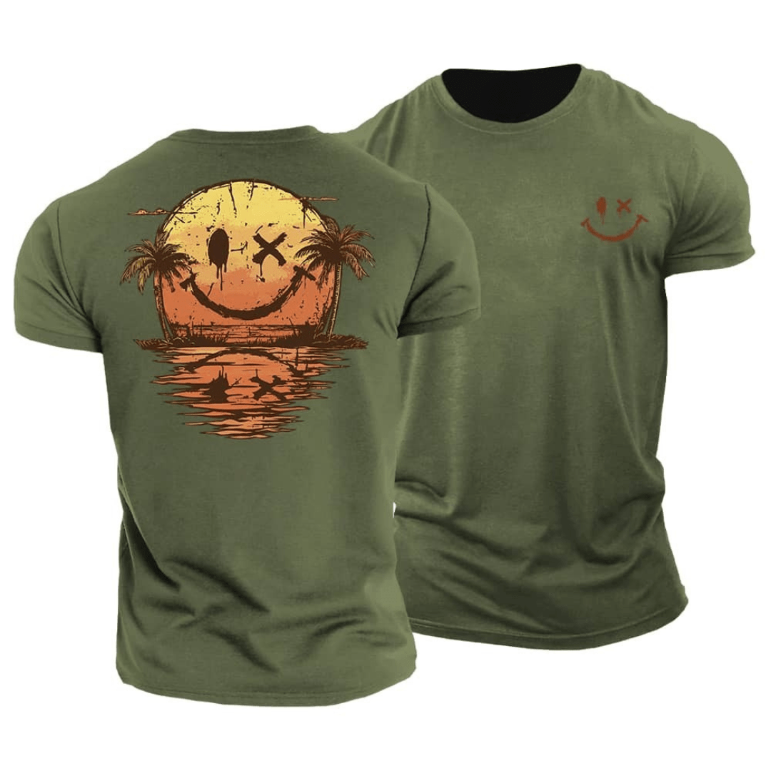 T-shirt homme imprimé smiley coucher de soleil et palmiers