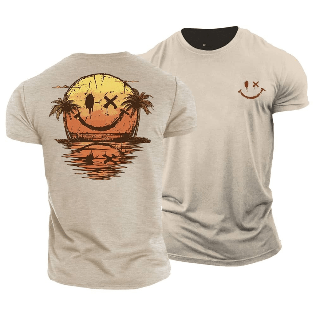 T-shirt homme imprimé smiley coucher de soleil et palmiers