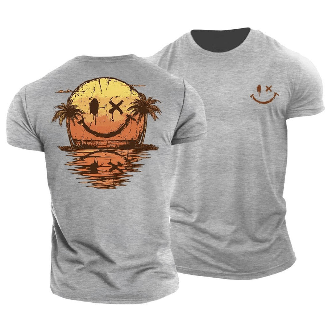 T-shirt homme imprimé smiley coucher de soleil et palmiers