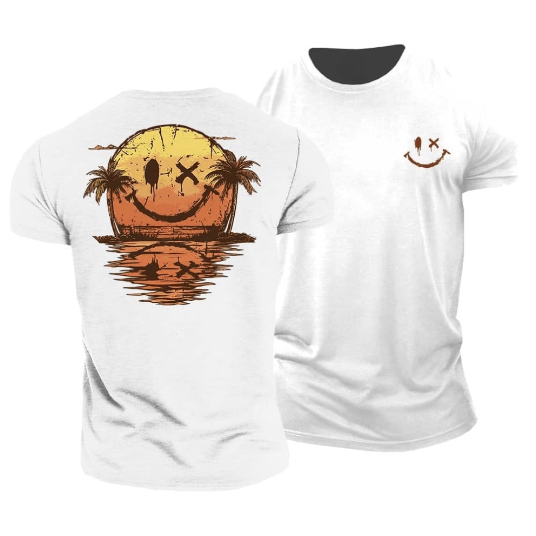 T-shirt homme imprimé smiley coucher de soleil et palmiers