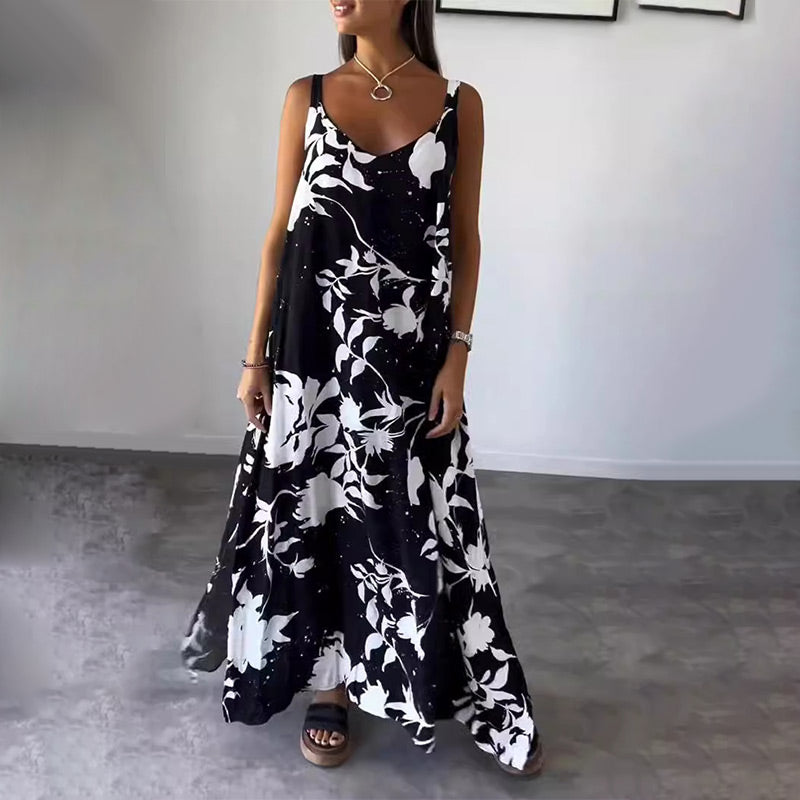 Robe Femme Été Sans Manches Col V Imprimée Fluide Confort