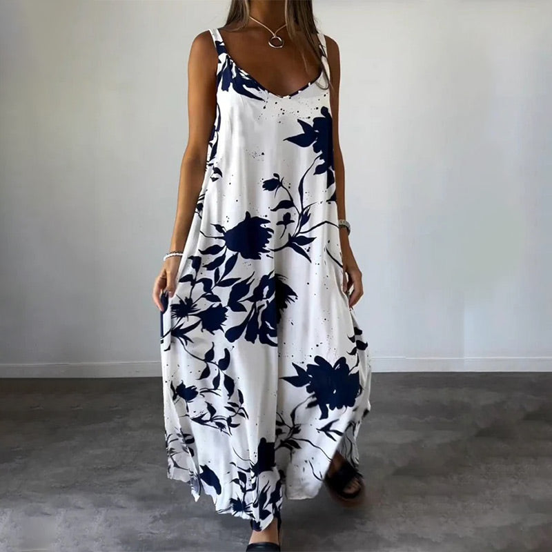 Robe Femme Été Sans Manches Col V Imprimée Fluide Confort
