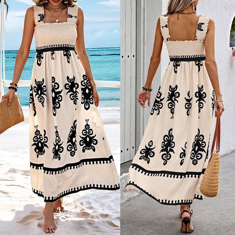 Robe Femme Été Sans Manches Coupe Fluide Taille Smockée Style Plage