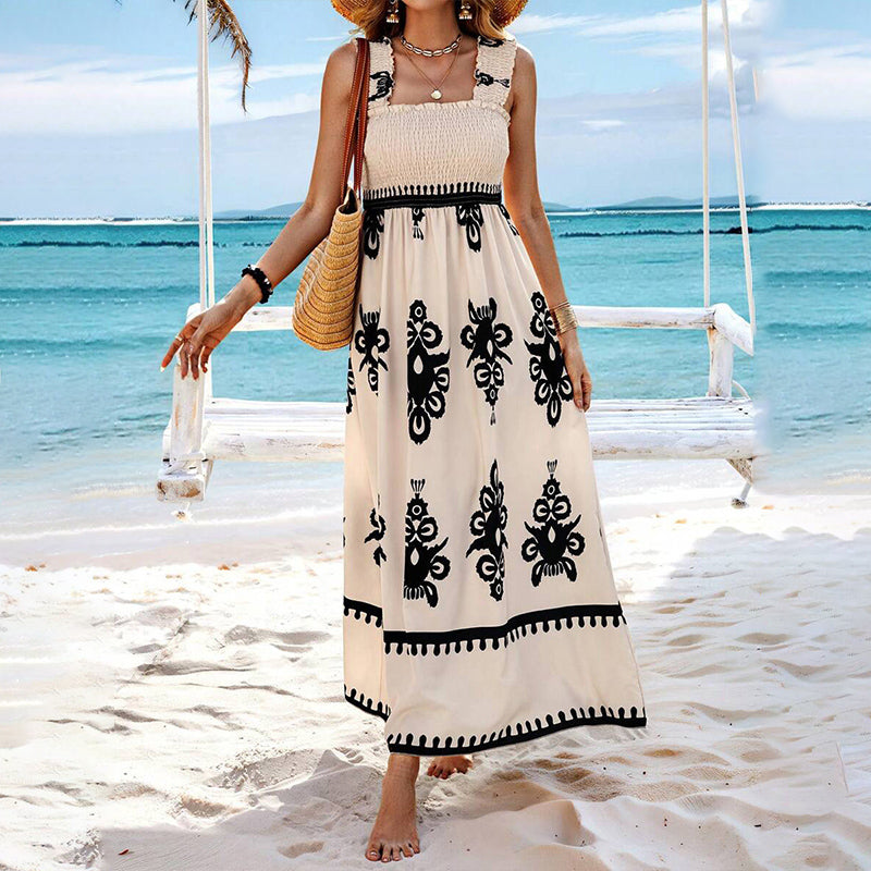 Robe Femme Été Sans Manches Coupe Fluide Taille Smockée Style Plage