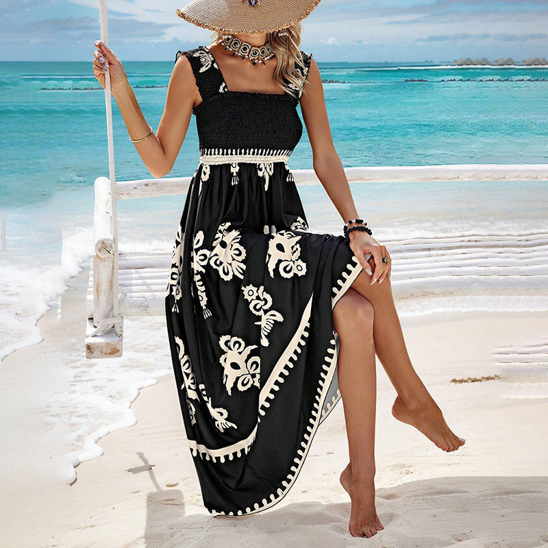 Robe Femme Été Sans Manches Coupe Fluide Taille Smockée Style Plage