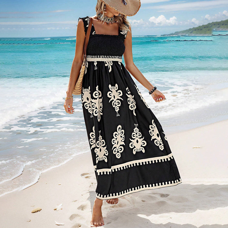Robe Femme Été Sans Manches Coupe Fluide Taille Smockée Style Plage