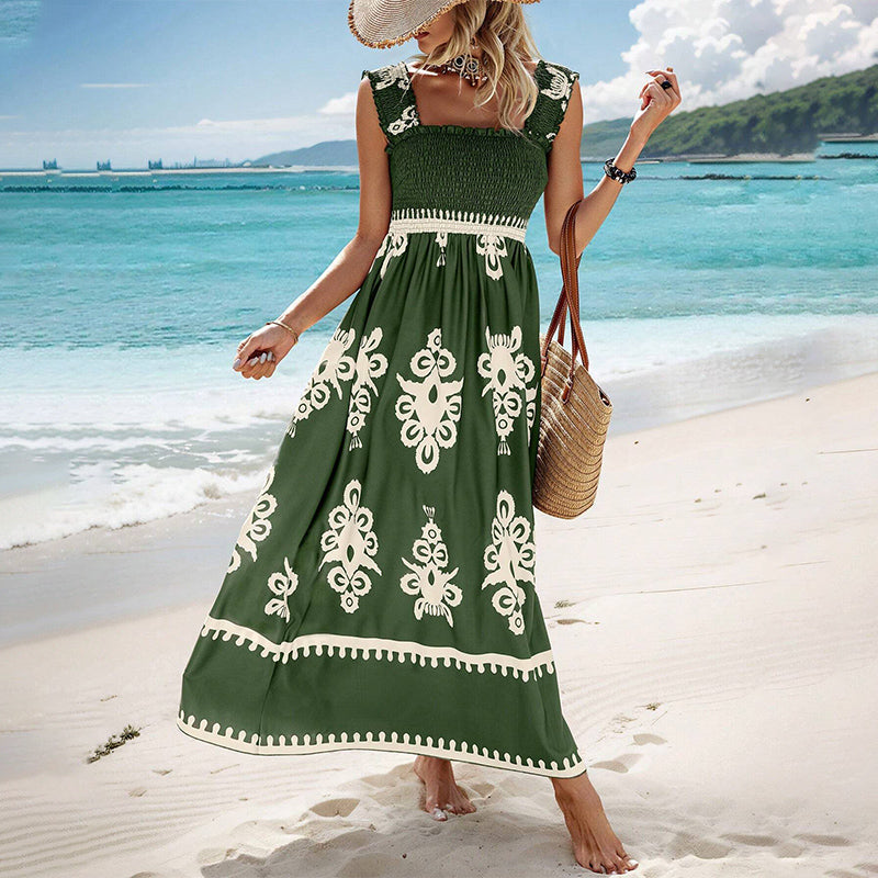 Robe Femme Été Sans Manches Coupe Fluide Taille Smockée Style Plage